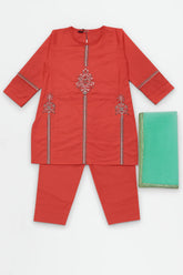 Cotton Peach Embroidered  3 Pcs Suit With Net Dupatta